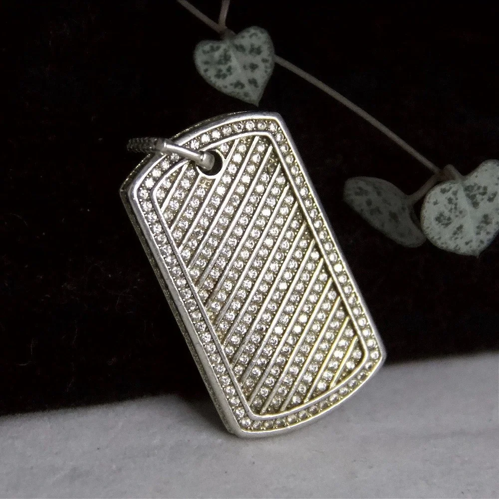 Adracci 925 Sterling Silver Iced Out Dog Tag Pendant Diagonal Pave Stone Charm